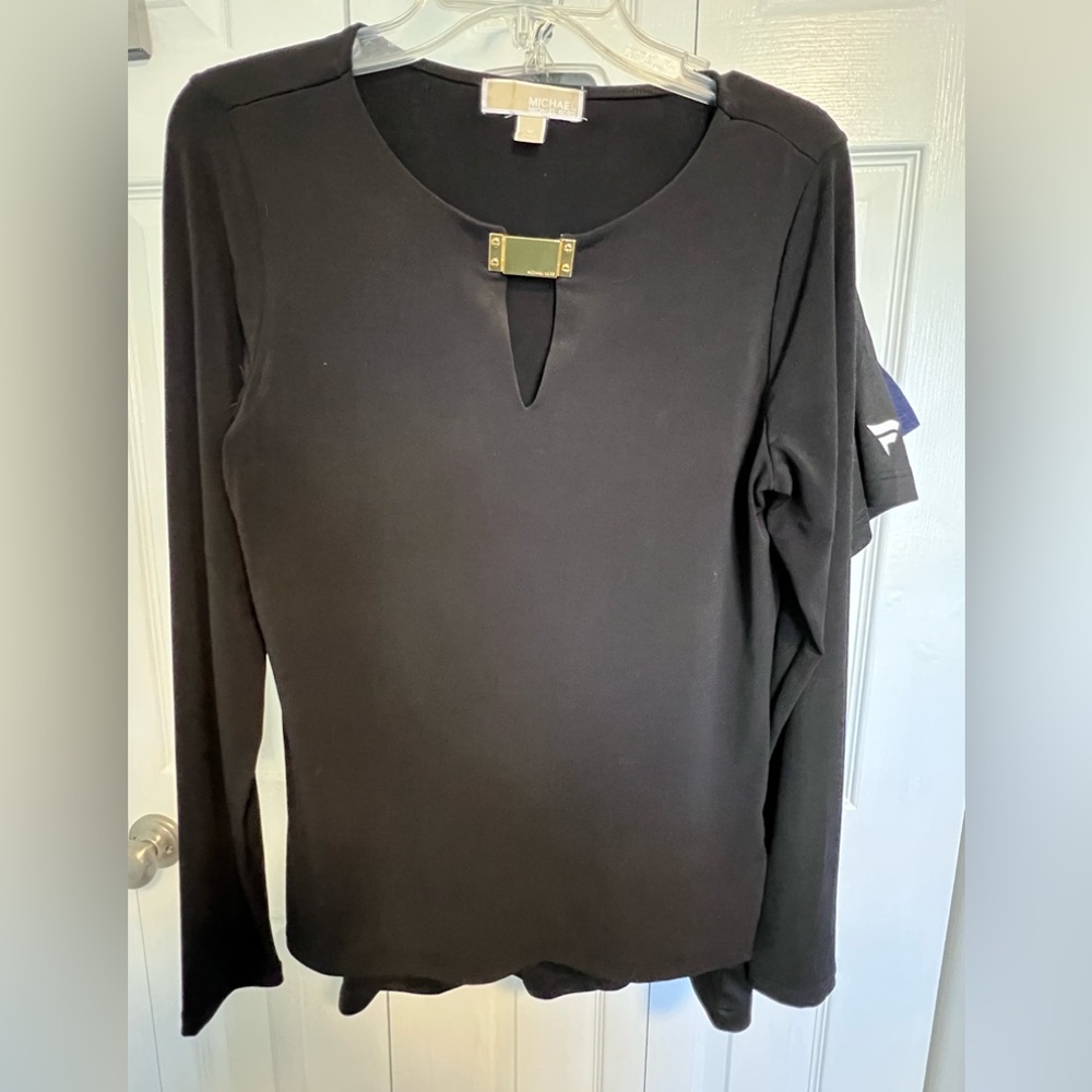 Michael Kors Black Long-Sleeve Top with Gold Accent Bar
